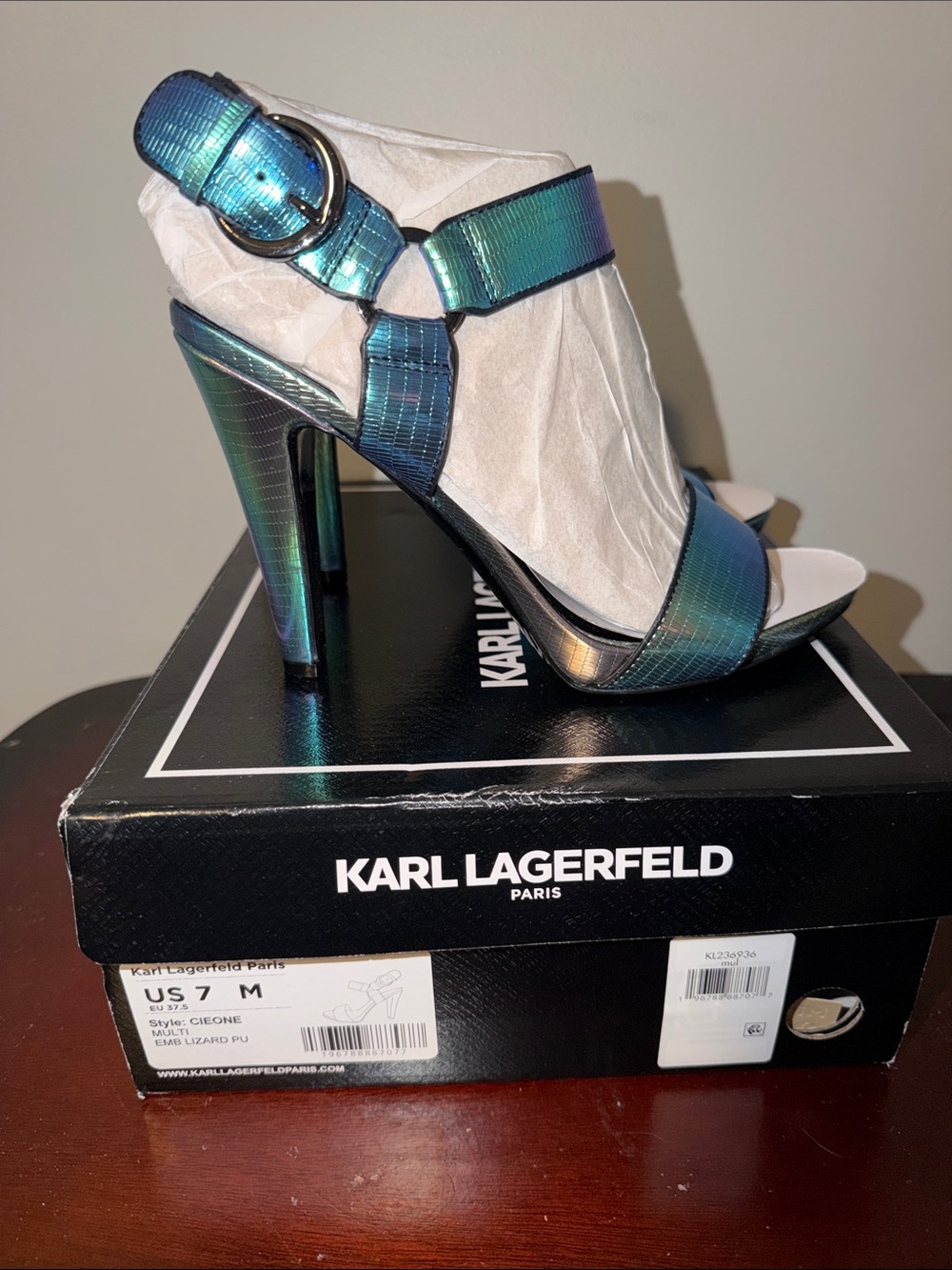 Karl Lagerfeld Iridescent Blue-Green Strap Sandals